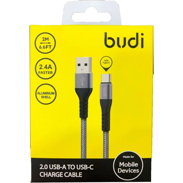 Budi M8J197M 2m Nylon Braided USB C Fast Charging Cable with Metal Case - Grey