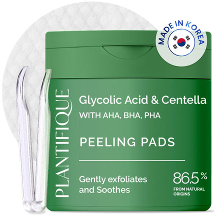 PLANTIFIQUE Korean Glycolic Acid Pads with CICA & Niacinamide 60 Pcs - AHA, BHA, PHA Face Exfoliating for Gentle Skin Renewal - Toner Pads for All