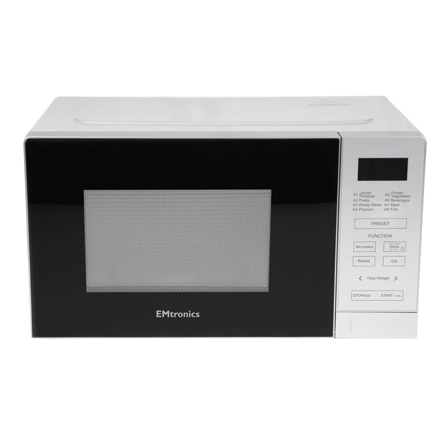 EMtronics 20 Litre 700W Digital Microwave with 800w Grill, 10 Power Levels, 8 Preset Options, Defrost Function and Cavity Light - Silver