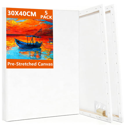 Koncci 5 Packs Stretched Canvas 30x40cm, A3 Framed Artist Canvas, 280GSM Cotton/Triple Primed/Acid Free Canvases for Acrylic Oil Watercolor, Artist &