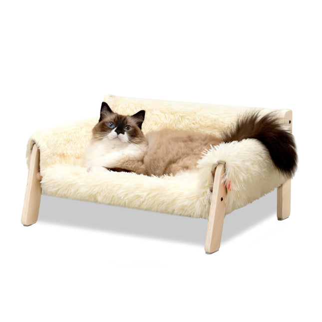 MEWOOFUN Large Cat Bed Sturdy Wooden Leg Raised Cat Sofa Bed Kitten Bed for Indoor Cats - Soft Cat Couch with Removable Cover Hold up 15kg, 56x45cm