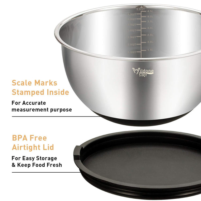 Wildone Mixing Bowls Set of 5, Stainless Steel Nesting Bowls with Airtight Lids, 3 Grater Attachments, Measurement Marks & Non-Slip Bottoms, Size 5,