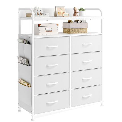 Mintnook Chest of Drawers, White Dresser for Bedroom with 8 Fabric Drawers, Tall Bedroom Chest with 2-Layer Wooden Top and Sturdy Metal Frame for