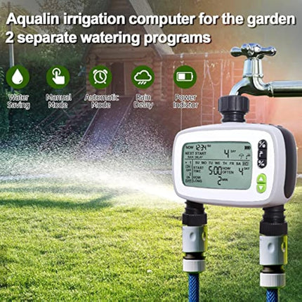Aqualin Watering Irrigation System Sprinkler Water Hose Timer 2 Zone with FSTN Large LCD Screen for Garden Plants