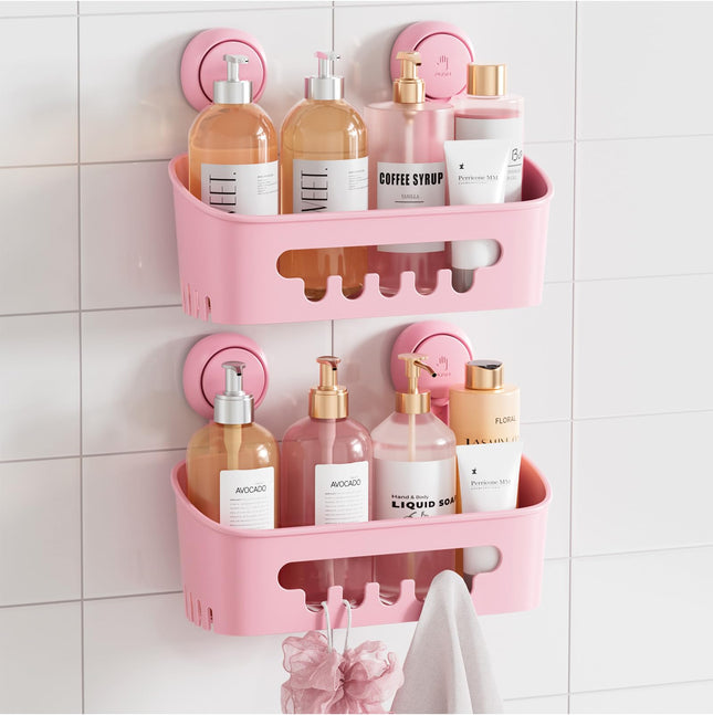 TAILI Suction Shower Caddy, Wall Mounted Bath Organizer Shelf for Shampoo, Body Wash, Plastic Shower Rack, Drill-Free Removable, Pink
