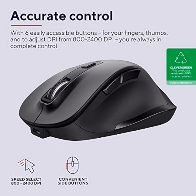 Trust Fyda Rechargeable Wireless Mouse Made With Recycled Materials, 800-2400 DPI, 6 Buttons, Thumb Rest, Comfort Cordless Ergonomic Mouse for Laptop, PC, Mac, Work, Home Office - Black