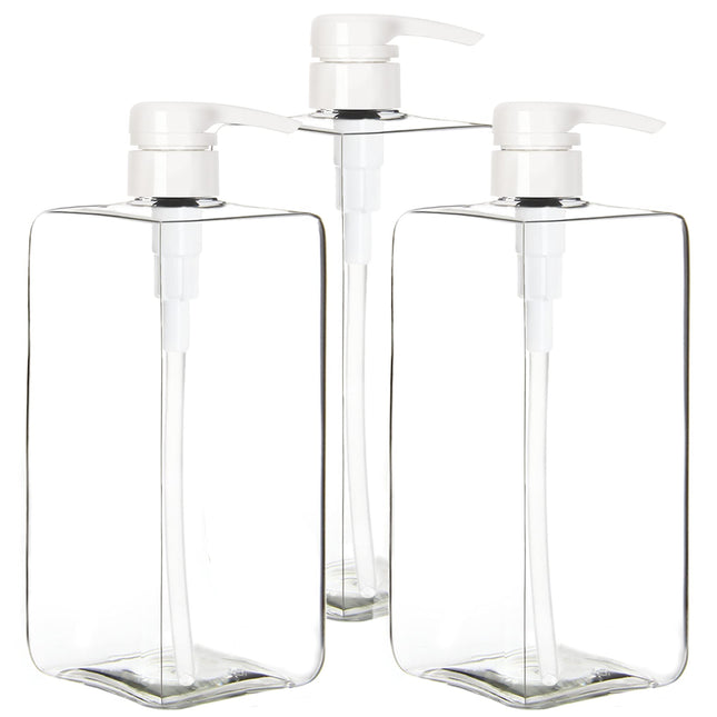Youngever 3 Pack Pump Bottles for Shampoo 1000ML (1 Liter), Square Empty Shampoo Pump Bottles, Plastic Cylinder with Lockdown Leak Proof Pumps