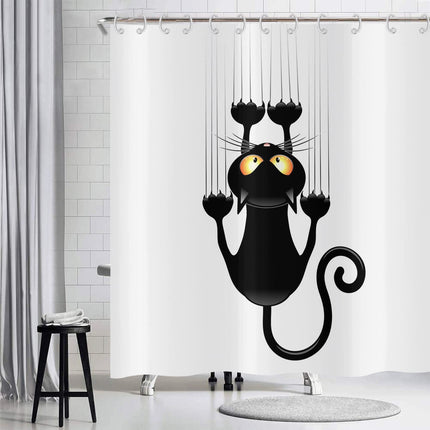 Hnmdmyi Funny Cat Shower Curtain 180x200, Black Kitten Scratching the Wall Bathroom Curtains Kids Cute Cartoon Animal Black and White Minimalism Art