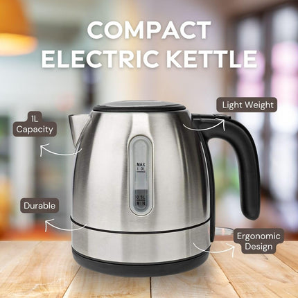 Ex-Pro Electric Kettle, 1.0L Capacity with Quick Boil Time, Boil-Dry Protection and Removable Filter for Fresher Water, 2150W - Stainless Steel