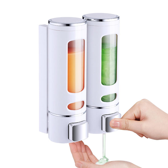 White Soap Dispenser Wall-Mounted, 2 Chamber No-Drill Installation for Liquid Lotion, Shower Gel, Shampoo, Conditioner & Dish Detergent, 400ml Large