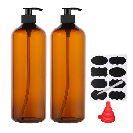 YBCPACK 2 Pack 1000ml Plastic Soap Dispenser Bottle with Pump, Refillable Amber Shampoo Dispenser bottle with Pump, 32oz Empty Pump Bottles for Shower