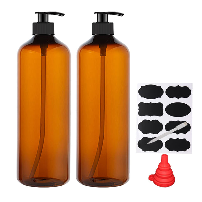 YBCPACK 2 Pack 1000ml Plastic Soap Dispenser Bottle with Pump, Refillable Amber Shampoo Dispenser bottle with Pump, 32oz Empty Pump Bottles for Shower