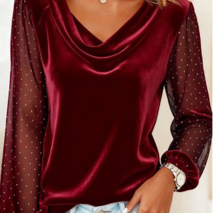 Women's Long Sleeve V-neck Velvet T-Shirt Women Elegant Diamond Mesh Sleeve Loose Tee Tops Christmas Clothes Women Shirt Red