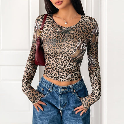 Leopard Print Long Sleeve Top - Vintage Animal Print Shirt for Women