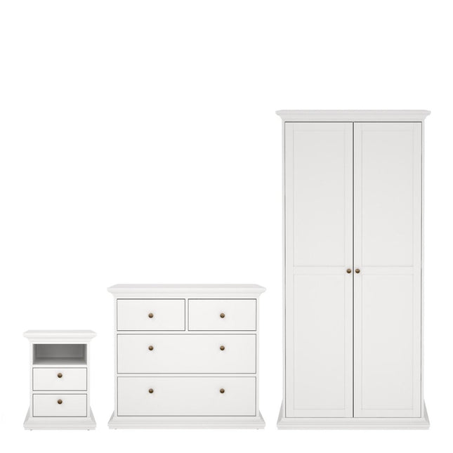 Paris Package - Bedside 2 Drawers + Chest of 4 Drawers + Wardrobe with 2 Doors White