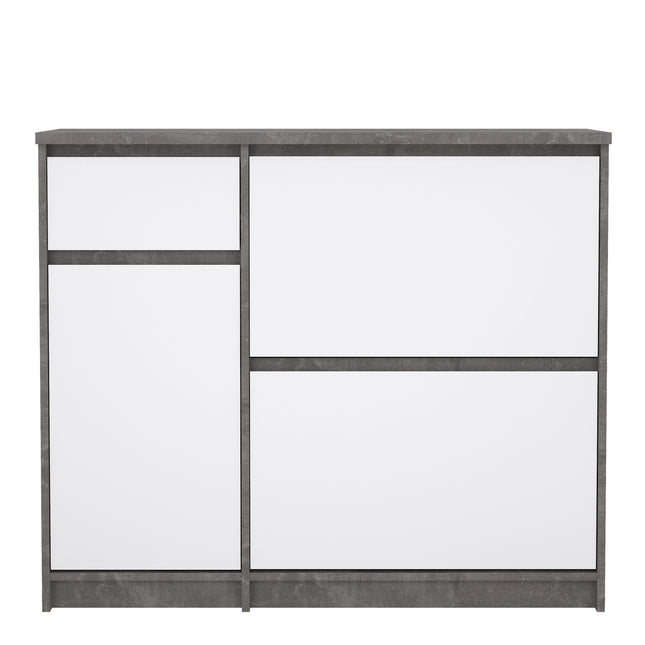 Naia Shoe Cabinet with 2 Flip Down Doors 1 Door and 1 Drawer in Concrete and White High Gloss