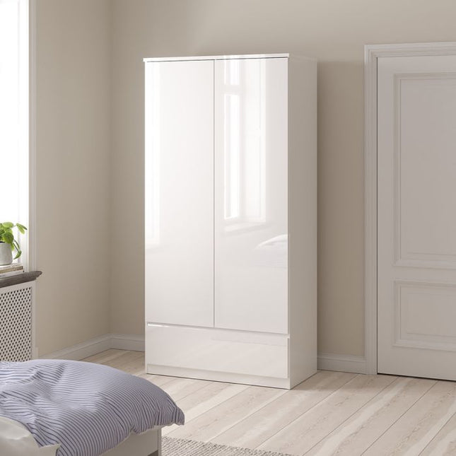 Naia Package - Bedside 3 Drawers + Chest of 5 Drawers + Wardrobe with 2 Doors + 1 Drawer in White High Gloss