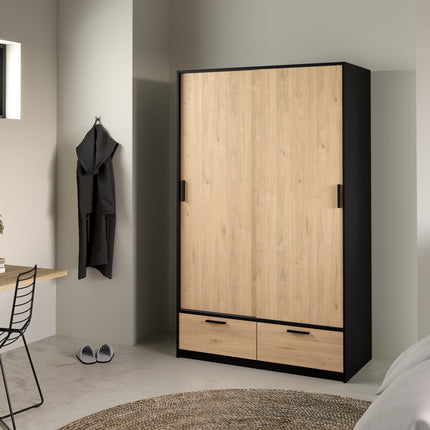 Line Wardrobe with 2 Doors 2 Drawers in Black and Jackson Hickory Oak