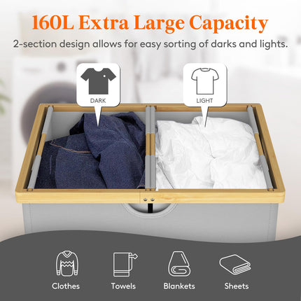 Lifewit 160L Double Laundry Hamper with Lid, Extra Large Bamboo Laundry Basket Dirty Clothes Hamper, 2 Section Laundry Bin Organizer for Laundry Room