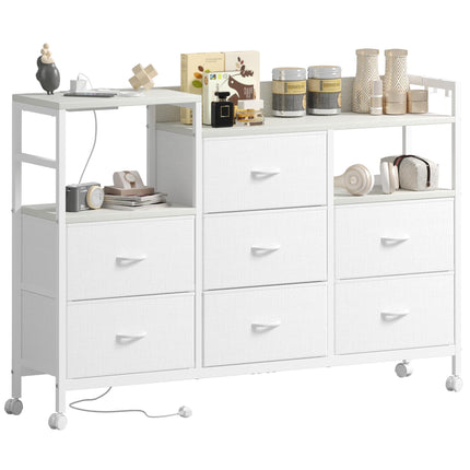 Lutown-Teen Large Chest of Drawers with Charging Station, Fabric Dresser for Bedroom on Wheels, Cabinet Stand for 32 Inch TV with Open Storage Shelf