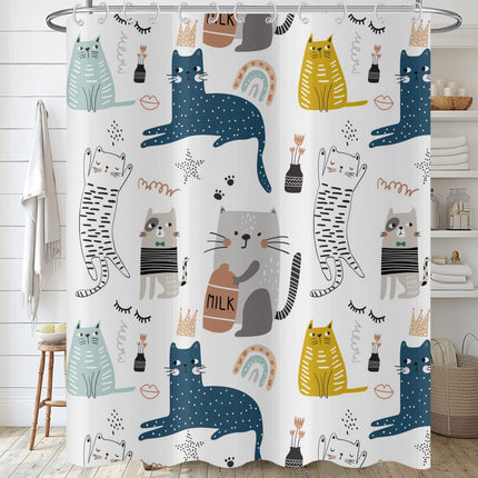 Hnmdmyi Funny Cat Shower Curtain 180x180, Kids Cute Cartoon Animal Graffiti Colorful Kitten Bathroom Curtains with Hooks Boys Girls Waterproof