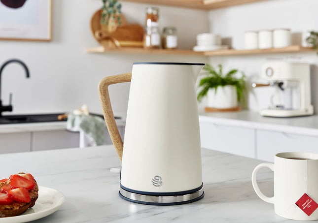 Swan SK14610WHTN Nordic Jug Kettle, Wood Effect, Soft Touch, 1.7L 3KW, Matte Cotton White