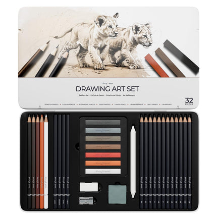 String & Space Artist's Drawing Set ? 32pc Art Set for Adults ? 12 Graphite Pencils (6H?12B), Charcoal, Pastels & Earth Tones ? Metal Tin
