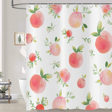 Hnmdmyi Pink Peach Shower Curtain 180x200, Cute Fruits Green Leaf Shower Curtains Watercolor Art Painting Aesthetic Bathroom Curtains with Hooks
