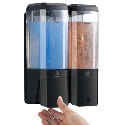 Unisence Shampoo and Conditioner Dispenser, 2 Chamber Shower Dispenser No Drilling Wall Mounted Soap Dispenser for Bathroom, Hotel, Large Capacity 2 x