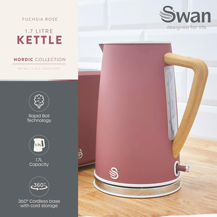 Swan SK14610FUS Nordic Cordless Jug Kettle with Fast Boil Technology, Overheat Protection, Soft Touch Handle, 1.7L, 3KW, Fuchsia Rose, Fusia