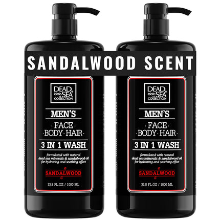 Dead Sea Collection Mens Shower Gel 3 in 1 with Sandalwood Oil and Dead Sea Salt - Body Wash, Shampoo for Men, Face Wash - Pack of 2 (1000 ml. each)