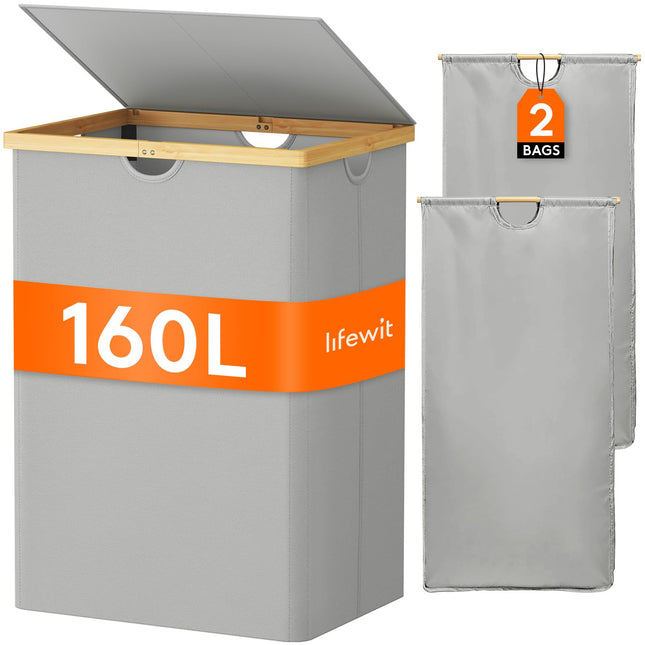 Lifewit 160L Double Laundry Hamper with Lid, Extra Large Bamboo Laundry Basket Dirty Clothes Hamper, 2 Section Laundry Bin Organizer for Laundry Room