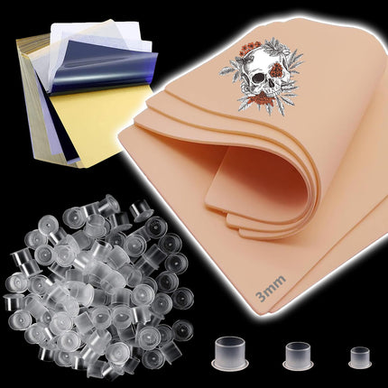 Unohby Tattoo Skin 3mm Transfer Paper 20pcs Kit with 300pcs Ink Caps, 5Pcs Fakes Skin with 15Pcs Stencil Paper and 300Pcs Tattoo Cups (S M L) Tattoos