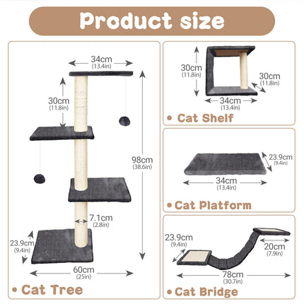 MASTERTOP Cat Climbing Frame Set, 4 in 1 Stable Cat Wall Furniture Set, Cat Tree for Indoor, Cats Wall Shelves with Cats Scratching Posts, Steps, Play