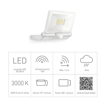 Steinel LED Outdoor Floodlight XLED ONE S White, 180 Motion Detector, 18.6 W, 2050 lm, Warm White, Aluminium