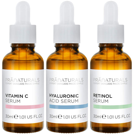 PraNaturals Skin Perfector Face Serum Kit 3x30ml ? Hyaluronic Acid, Retinol & Vitamin C ? Face Care Anti Ageing Lotion, Reduces fine lines and