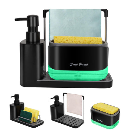 Kitchen Dish Soap Dispenser Set with Tray, 3-in-1 Hand and Dish Soap Dispenser, Sponge and Dishcloth Holder, for Kitchen Sink Countertop Storage