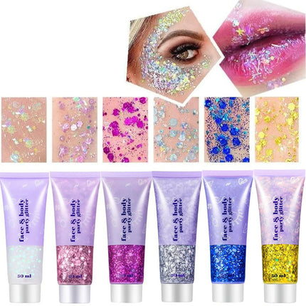 Go Ho 6 Colors Face Body Glitter Gel,Festival Sequins Shimmer Eyeshadow, Mermaid Holographic Glitter Gel,Singer Concerts Long Lasting Chunky Sequins
