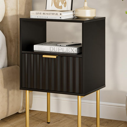 Apetaccat Wooden Bedside Table with Gold Frame,Nightstand Drawer and Shelf,Modern Bedroom Furniture for Living Room or Bedroom, Black,Large