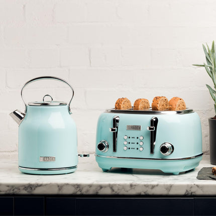 Haden Heritage Blue Electric Kettle - Energy Efficient - Rapid Boil and Boil Dry Protection - Stainless Steel Housing - Retro Kettle - 3000W - 1.7