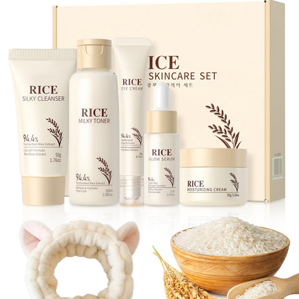 hommova Korean Skincare Set for Women Teenage Friend, Rice Skin Care Set with Headband