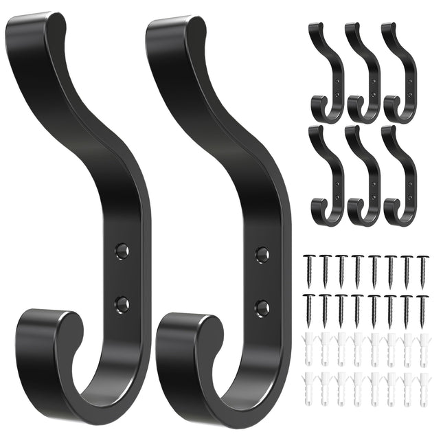8-Pack Wall Hooks for Hanging Coats - Black Heavy Duty Coat Hook Wall Mounted, Screw-in Hooks for Towels, Clothes, Backpacks, Bags, Robes, Hats, Keys