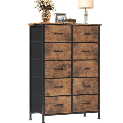 CAIYUN Chest of Drawers Bedroom with 10 Fabric Drawers, Tall Storage Organizer Clearance with Wood Top and Large Storage Space for Bedroom, Living