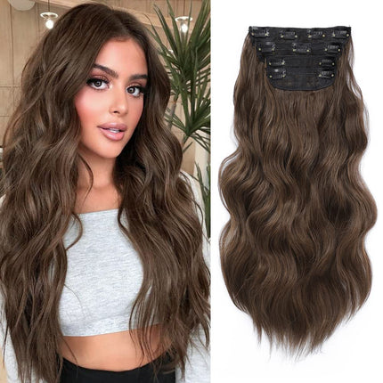 Hair Extensions Clip in 4PCS Medium Brown 20Inch Hair Extension Long Wavy Full Head Clip in Hair Extension Synthetic Fiber Hair Pieces for Women