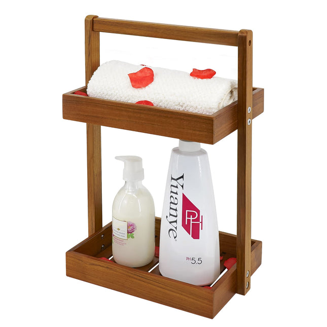 Utoplike Teak Wood Shower Caddy Corner, 2 Tier Organiser Countertop, Standing Storage Rack with Handle, Wooden Shampoo Basket in Bathroom, Kitchen