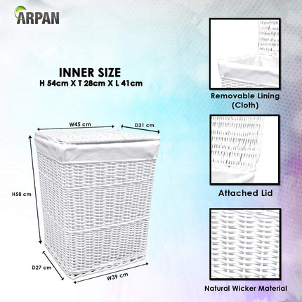 Arpan Large White Wicker Laundry Basket With White Lining