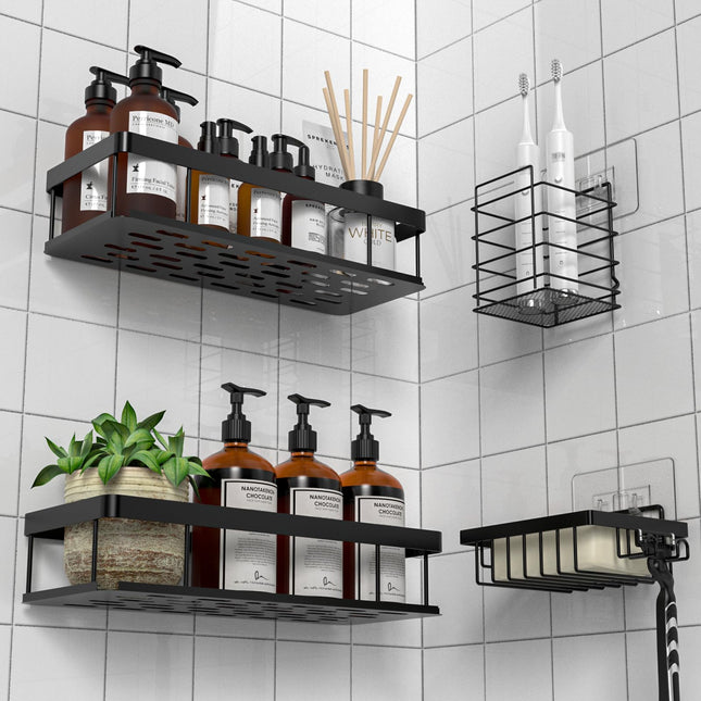 UUlioyer Shower Caddy, Shower Shelf No Drilling, Bathroom Storage for Shampoo, Black (with soap dish and toothbrush holder)