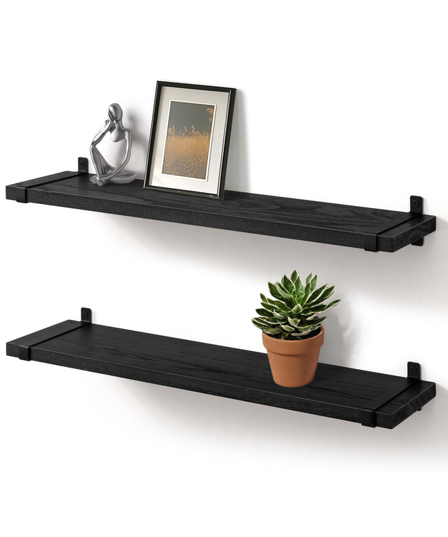 Gronda Floating Shelves for Wall Black Wooden Shelves 60CM Wall Shelf Unit With Brackets to Storage Display Decors Books Set of 2 Wall Shelves for