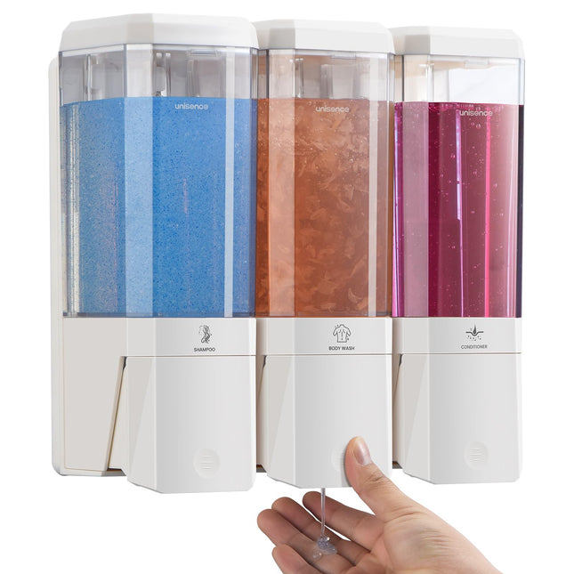 Unisence 3-Chamber Wall Mounted Shower Dispenser - No Drill Soap and Shampoo Dispenser for Bathroom and Hotel - Large Capacity 3 x 500ML, White