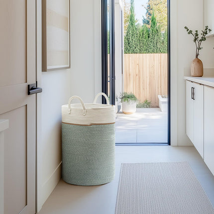 LA JOLIE MUSE Woven Basket Rope Storage Baskets - Tall Cotton Basket, Laundry Basket for Blanket, Kids Toy, Nursery Clothes Hamper Basket, Ivy Green,